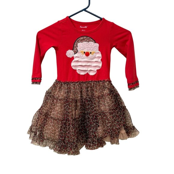 Nanette Girls 3T Red Christmas Dress With Santa Applique & Leopard Print Ruffle - Picture 1 of 4